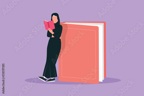 Character flat drawing Arab woman reading and standing on big book. Smart girl student learning and studying in library. Education and intellectual manner concept. Cartoon design vector illustration