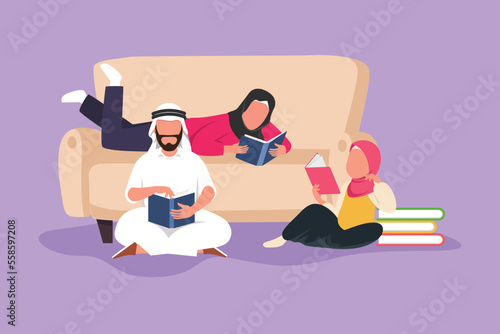 Graphic flat design drawing Arabian family reading books together in living room at home. Mom leaning on couch and dad with little daughter are sitting on the floor. Cartoon style vector illustration