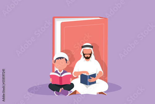 Character flat drawing Arabian father and son reading and leaning on big book. Dad and little boy are sitting on floor. Smart friendly family reads books together. Cartoon design vector illustration