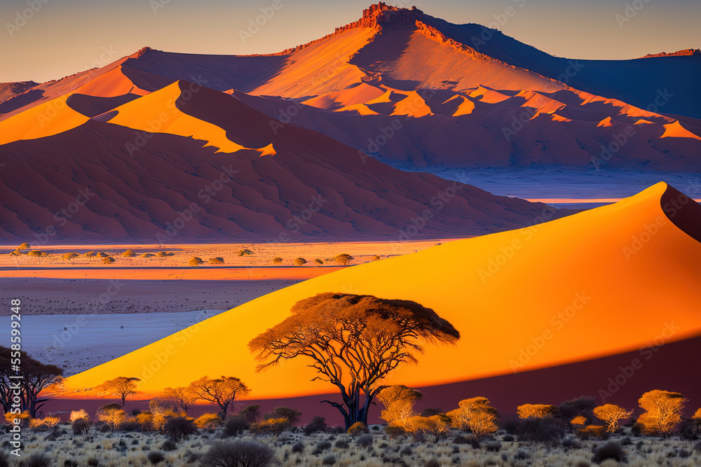 Beautiful panorama with orange sand dunes in Namibia's Namib Naukluft National Park's Sossusvlei. Generative AI - obrazy, fototapety, plakaty 