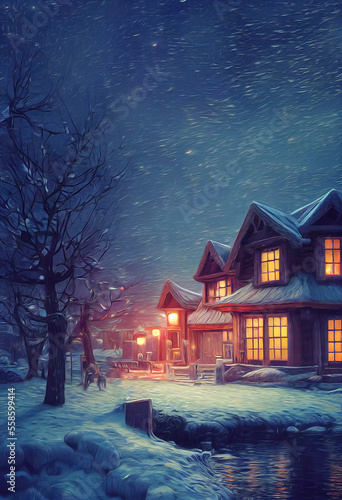 outdoor Christmas scene. illustration of a Christmas house with snow, winter landscape in a village.