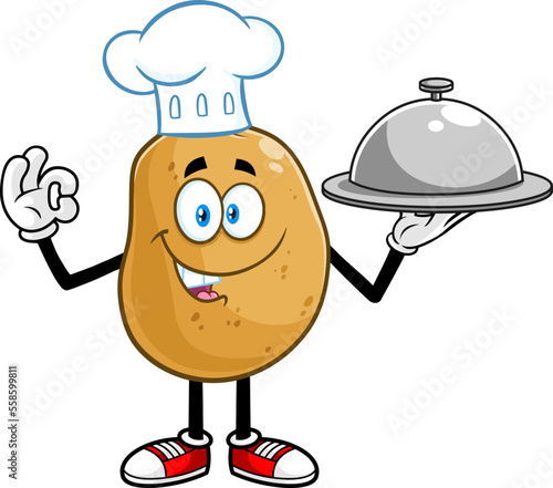 Potato Chef Cartoon Character Gesturing Ok And Holding A Silver Platter. Vector Hand Drawn Illustration Isolated On Transparent Background
