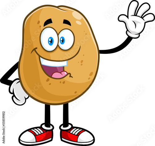Smiling Potato Cartoon Character Waving For Greeting. Vector Hand Drawn Illustration Isolated On Transparent Background