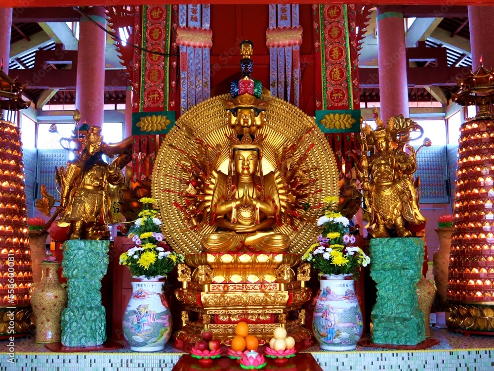 Beautiful buddha temple in Asia (Thailand, Laos). Golden pagoda, stupa. Wallpaper