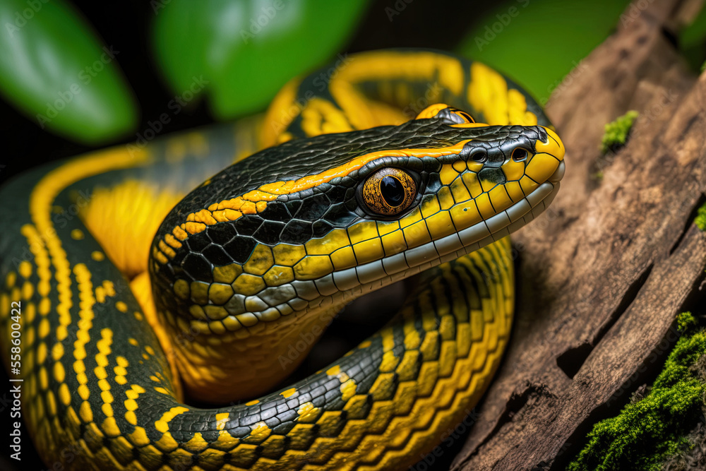 Fototapeta premium Yellow ringed dendrophila boiga on wood. Generative AI