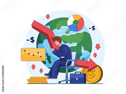 Illustration Global recession or global crisis makes an employee laid off from a company,
Global inflation has an impact on employees being fired from their jobs.
Suitable for infographic, web, etc