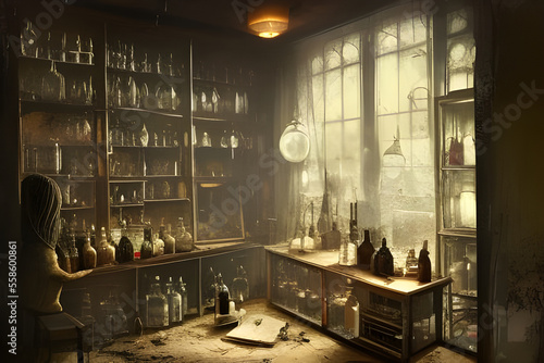 A strange and creepy cabinet of curiosities lab filled with lots of bottles and glass jars. Digital illustration. CG Artwork Background