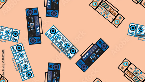 Seamless pattern endless with music audio cassette old retro tape recorders vintage hipster from 70s, 80s, 90s isolated on brown background. Vector illustration