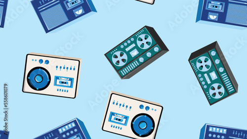 Seamless pattern endless with music audio cassette old retro tape recorders vintage hipster from 70s, 80s, 90s isolated on blue background. Vector illustration