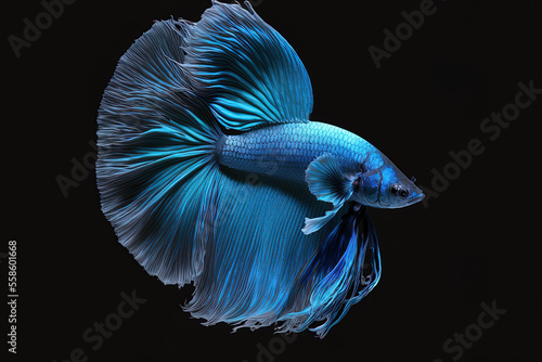 Betta fish in blue on a completely black backdrop. Generative AI