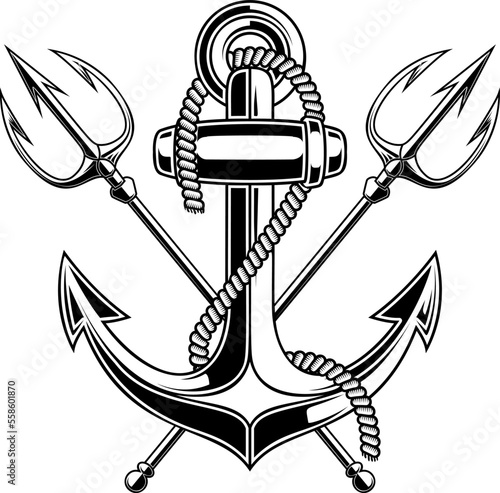 Illustration of sea anchor with crossed tridents. Design element for logo, sign, emblem. Vector illustration