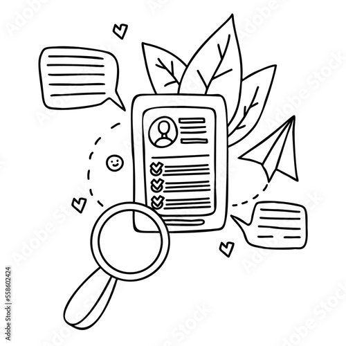 Job search. Consideration of resume and online interview. outline drawing. document of candidate for vacancy, Messages, correspondence, magnifier and paper plane. Vector illustration in doodle style