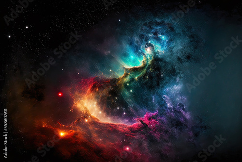 The night sky is colorful. Space nebula and galaxies. Background of the astronomy notion. Generative AI