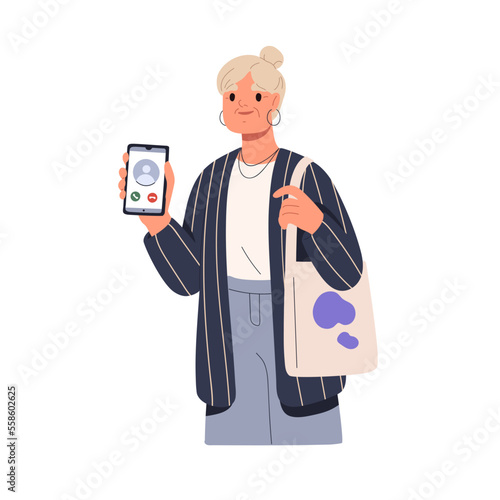 Mobile phone call on smartphone screen in hand of old woman. Senior person, elderly aged lady showing cellphone display with unknown, scammer. Flat vector illustration isolated on white background