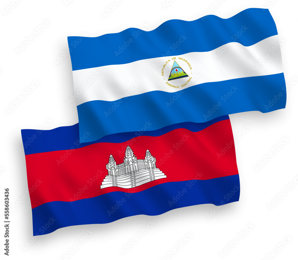 Fototapeta premium Flags of Nicaragua and Kingdom of Cambodia on a white background