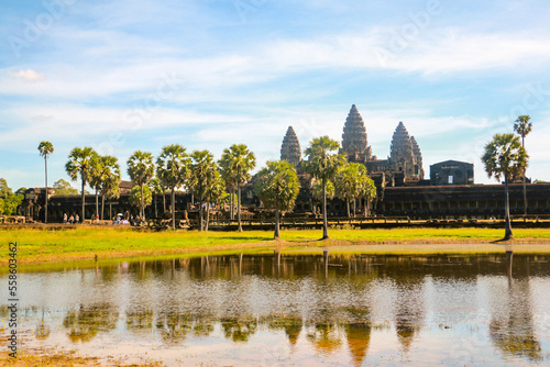 Travel to the beautiful Angkor Wat in Siem Reap in Cambodia. Trees and Temple. Asia Roundtrip  Buddha 