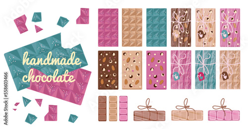 Handmade chocolate set. Pink, milk and white chocolate. Chocolate as a gift. Valentine s Day. Hand drawn sketch cocoa chocolate product background. Vector illustration of natural healthy sweet food.