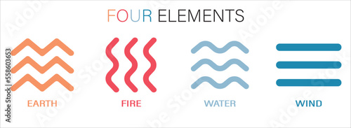 The four elements icons, line symbols. Vector illustrator logo template. Wind, fire, water, earth in flat design