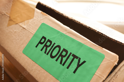 Shipping concept. Online purchase delivery cardboard box with word priority sticker. Important purchase. Expedited parcel