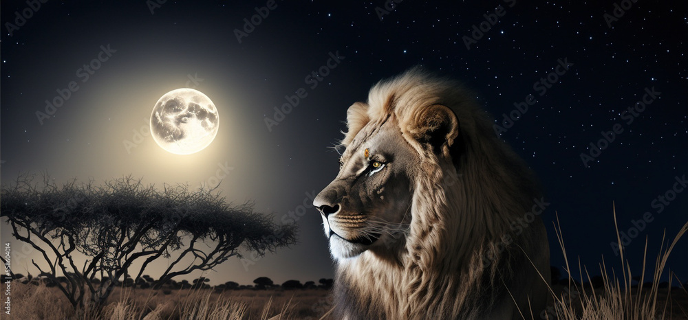 a lion lies in the savannah at night in the background is a large moon. Banner. Generative AI - obrazy, fototapety, plakaty 