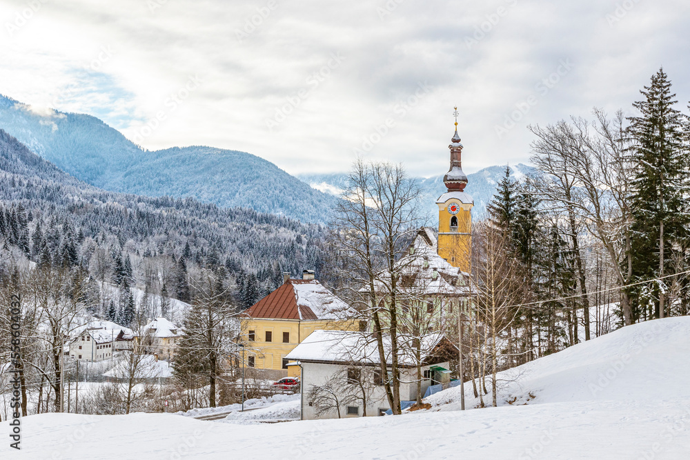 Winter landscape of church Chiesa San Leonardo Fusine in Tarvisio