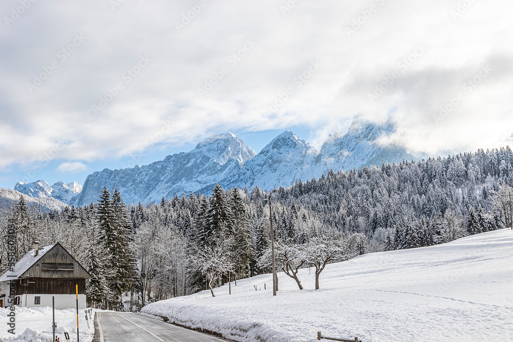 Landscape photo of mountain peaks of Julian Alps, winter time in Tarvisio