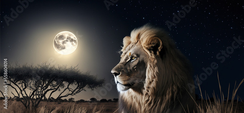 Fotografiet a lion lies in the savannah at night in the background is a large moon