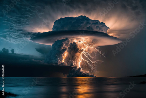 a thunderstorm on the sea with lightning. Generative AI