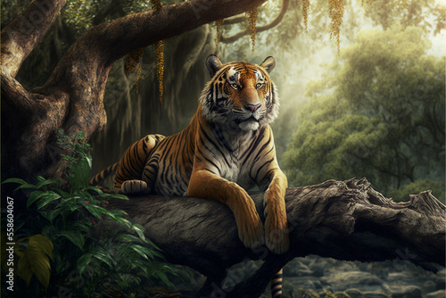 a tiger lies in the jungle among green trees and plants. Generative AI