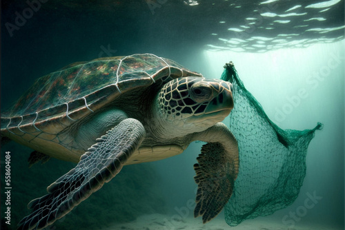 a turtle swims through the water in the background is a fishing net. Generative AI
