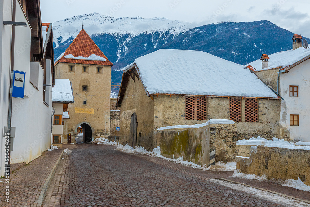 Winter landscape photo of medieval town Glurns in South Tyrol