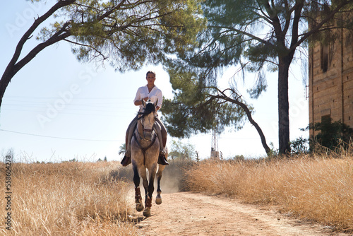 Young beautiful woman trotting on her horse on a country road next to an abandoned and ruined building on a sunny day. Concept horse riding, animals, dressage, horsewoman.