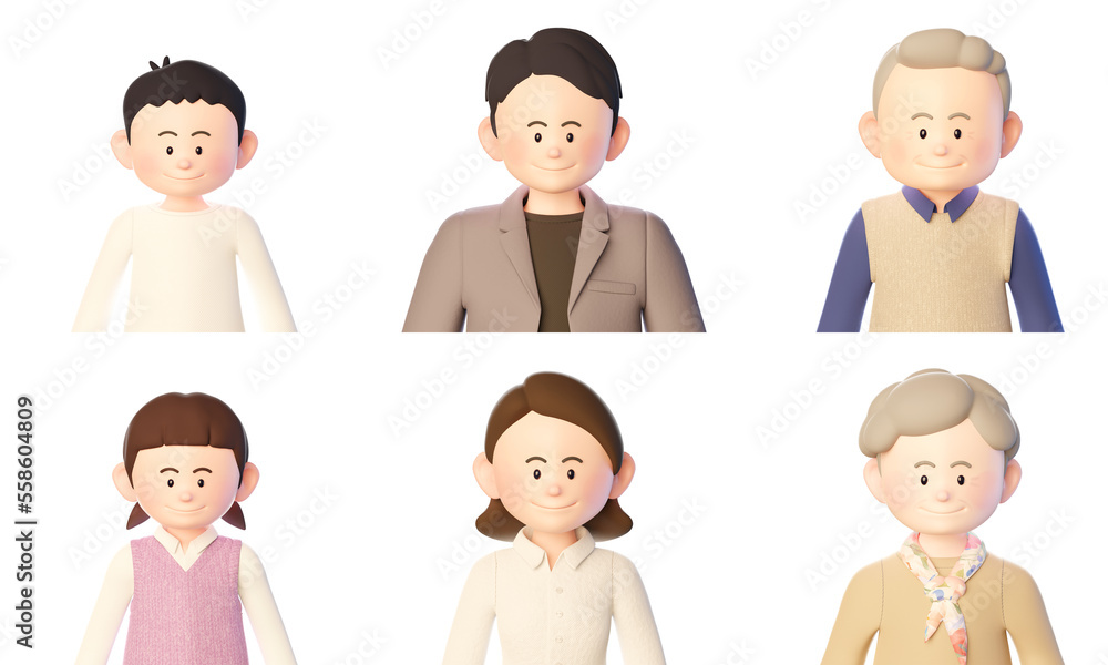 3d illustration set of smiling family characters 3d illustration set of smiling family characters
