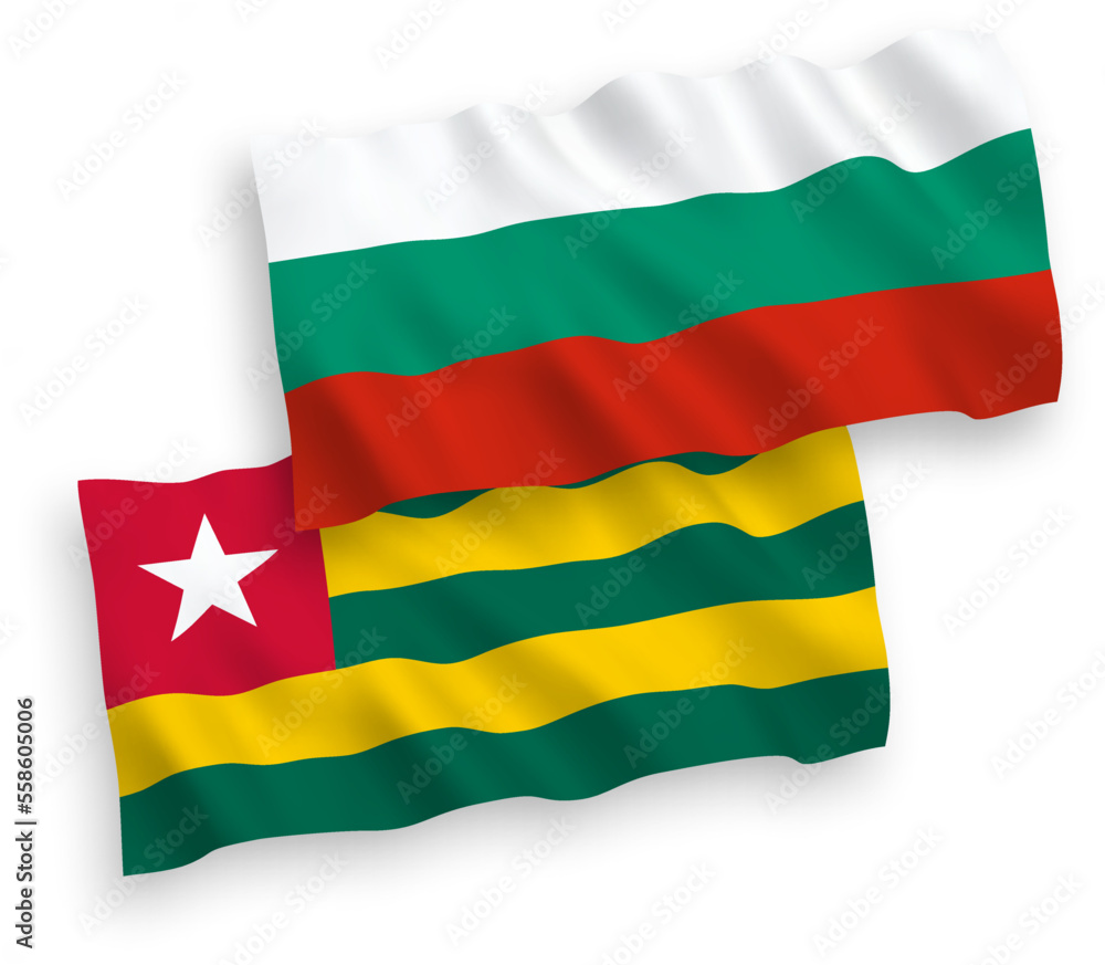 National vector fabric wave flags of Bulgaria and Togolese Republic isolated on white background. 1 to 2 proportion.