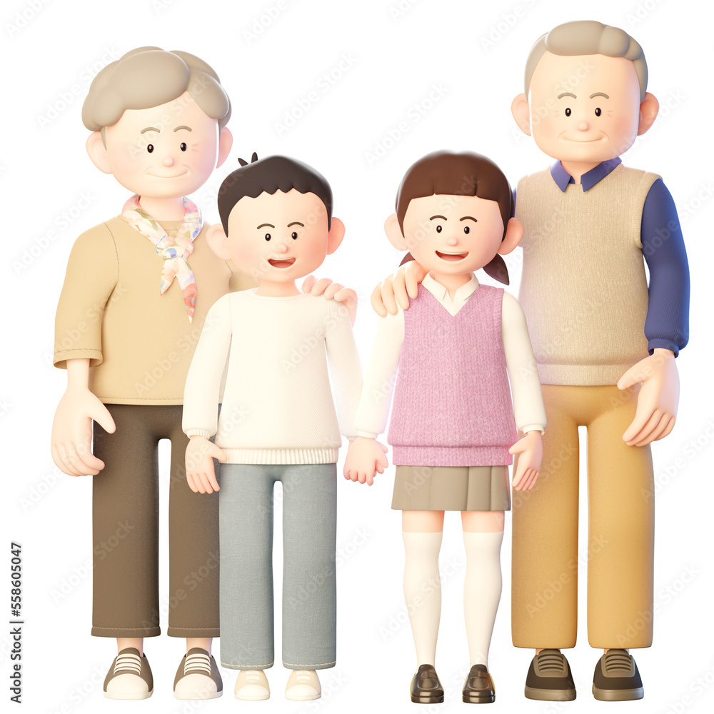 3d illustration of a harmonious family of four, grandmother, grandfather, grandchild, and granddaughter are smiling