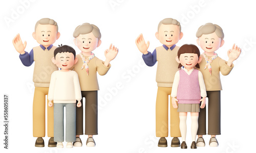 Happy grandparents 3 family 3d illustration set, grandmother, grandfather, grandchild, granddaughter