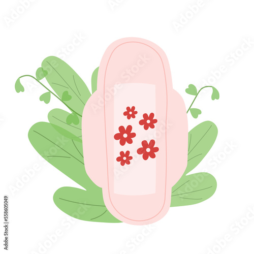 Gynecological menstrual pad with flowers and plants in red and green colors. Hygienic pads illustration.