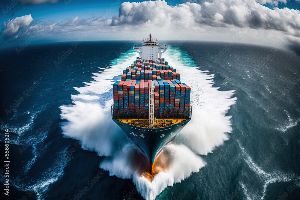 A loaded container cargo ship is seen in the front as it speeds over the ocean. Generative AI - obrazy, fototapety, plakaty 