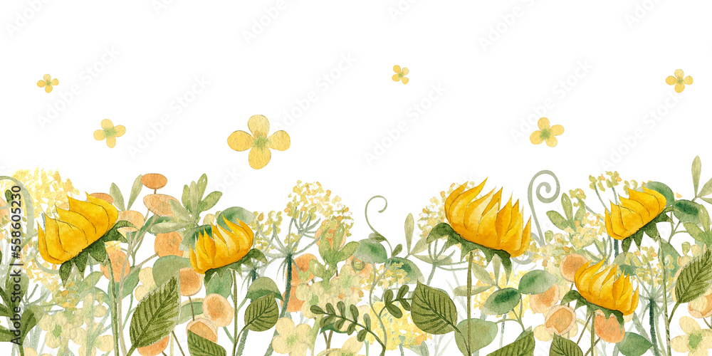 Watercolor border of herbs and wildflowers