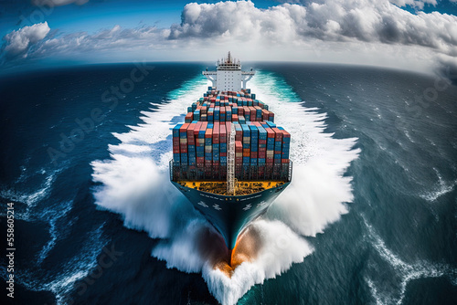 Fotobehang A loaded container cargo ship is seen in the front as it speeds over the ocean