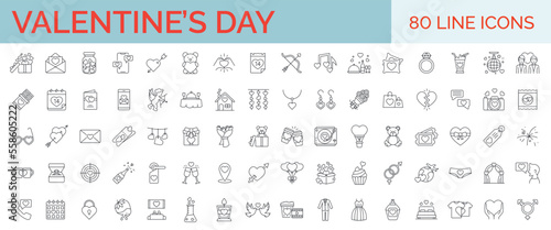 Set of 80 Valentine's Day icons. Collection of minimal thin line web icons. Love, passion, celebration, valentine's elements. Simple vector illustration.