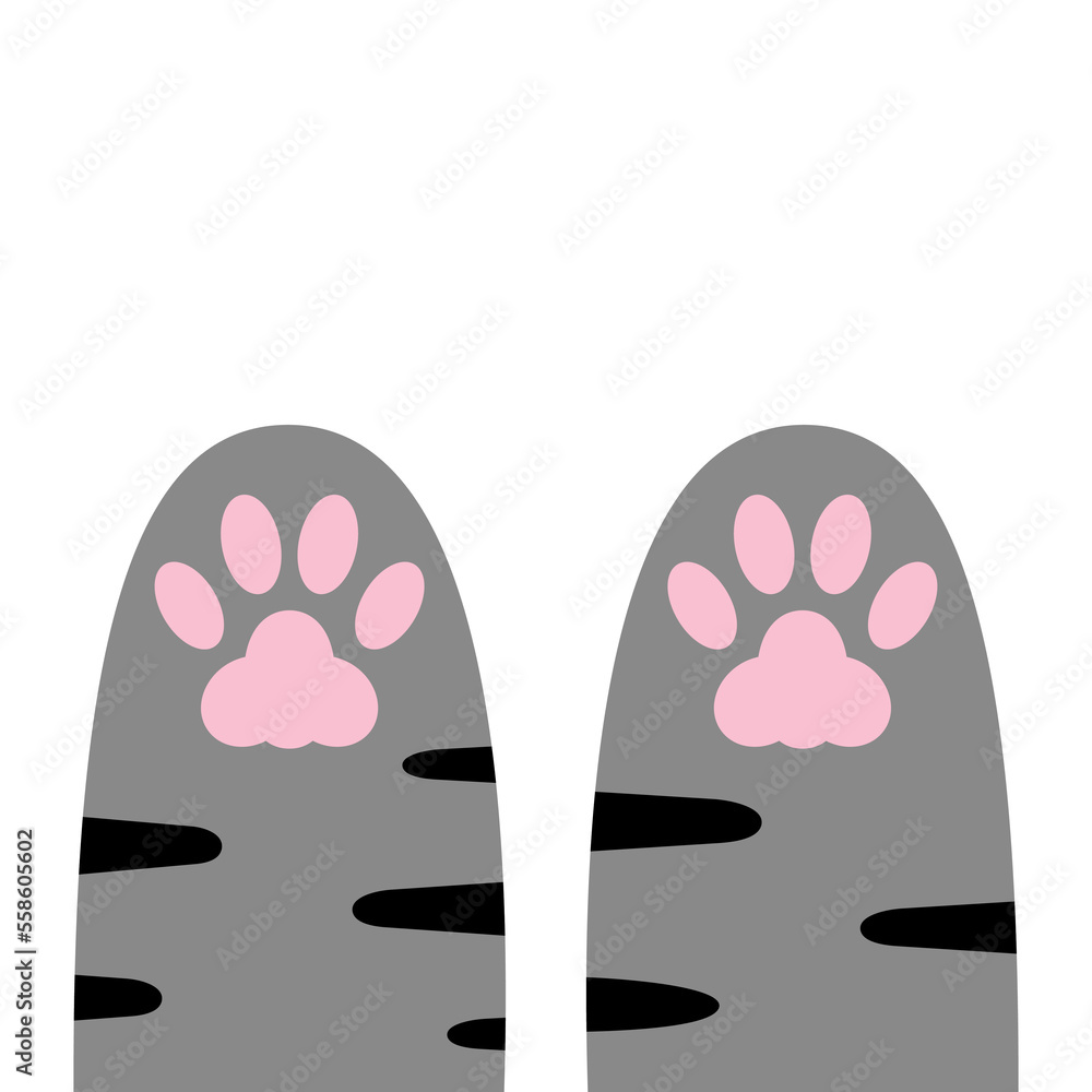 Paw print set. Kitten silhouette icon sign symbol. Cute cartoon kawaii legs. Dog cat pawprint. Pink footprint. Striped fur. White background. Isolated. Flat design.