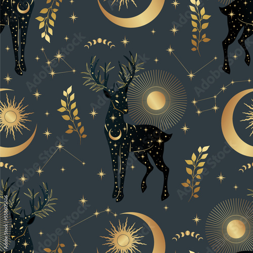 Seamless boho pattern with cosmic deers. Design for card, fabric, print, greeting, cloth, poster, clothes, textile.