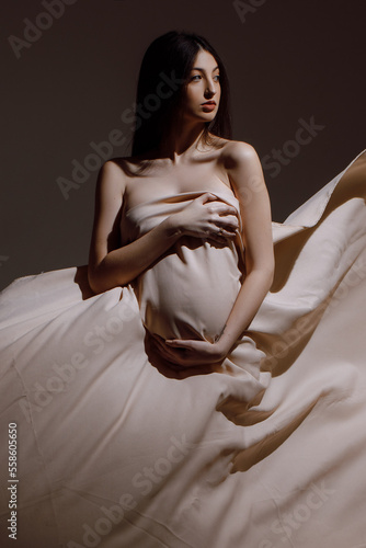 Caucasian model, full length portrait on a dark background, pregnant woman, stylish fashion
