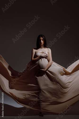 Luxury active woman on dark photo studio background, pregnancy, copy space, front view