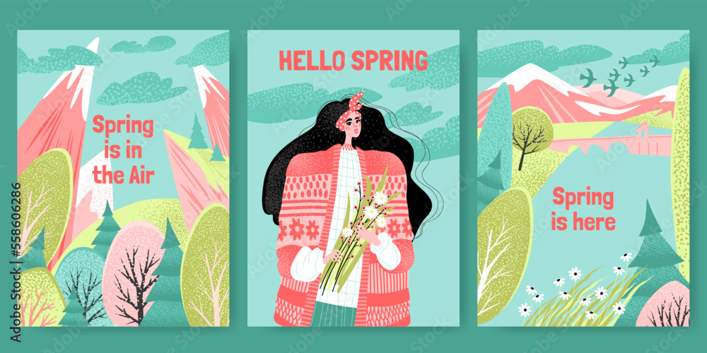 A set of vector cards with spring landscapes and a cute girl with a bouquet in her hands.