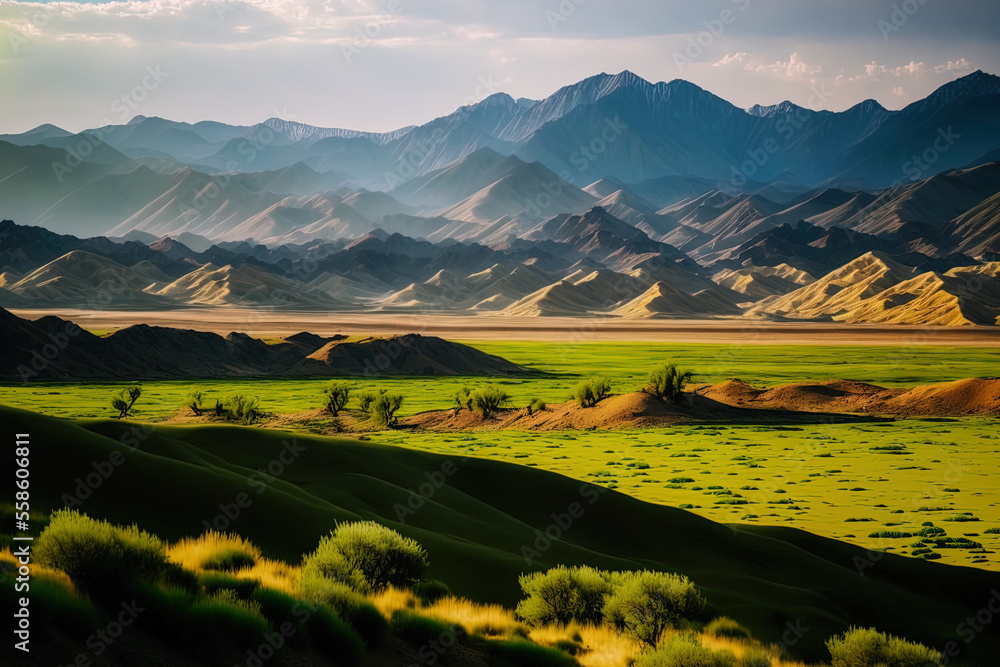 Plains and mountains in the landscape. Asia's nature in general. Generative AI Plains and mountains in the landscape. Asia's nature in general. Generative AI