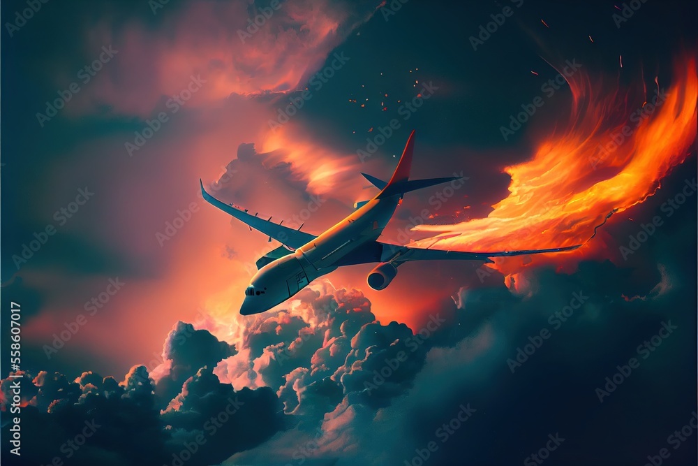 Passenger airplane against a background of colorful clouds. Ai generative