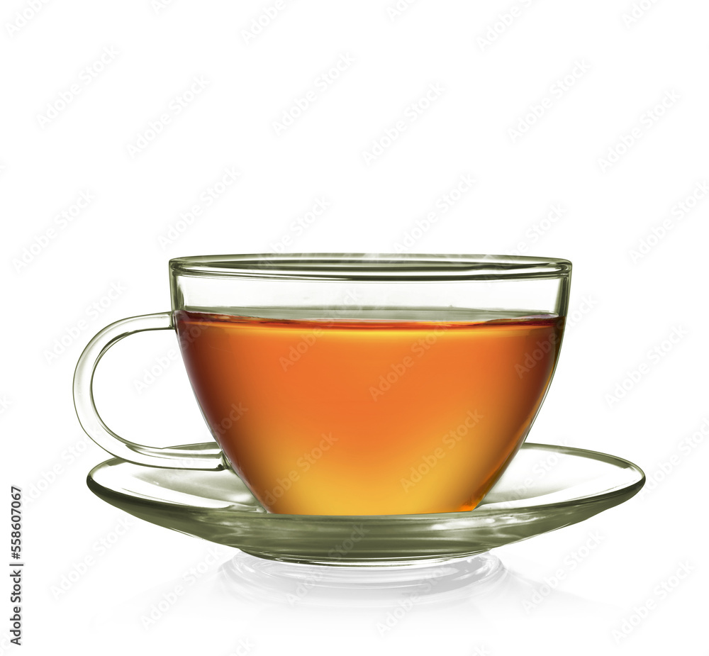 Cup of tea or glass cup of hot aromatic tea. PNG transparency - obrazy, fototapety, plakaty 