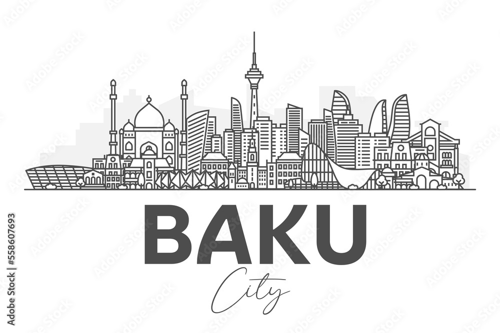 Baku, Azerbaijan architecture line skyline illustration. Linear vector cityscape with famous landmarks, city sights, design icons. Landscape with editable strokes.